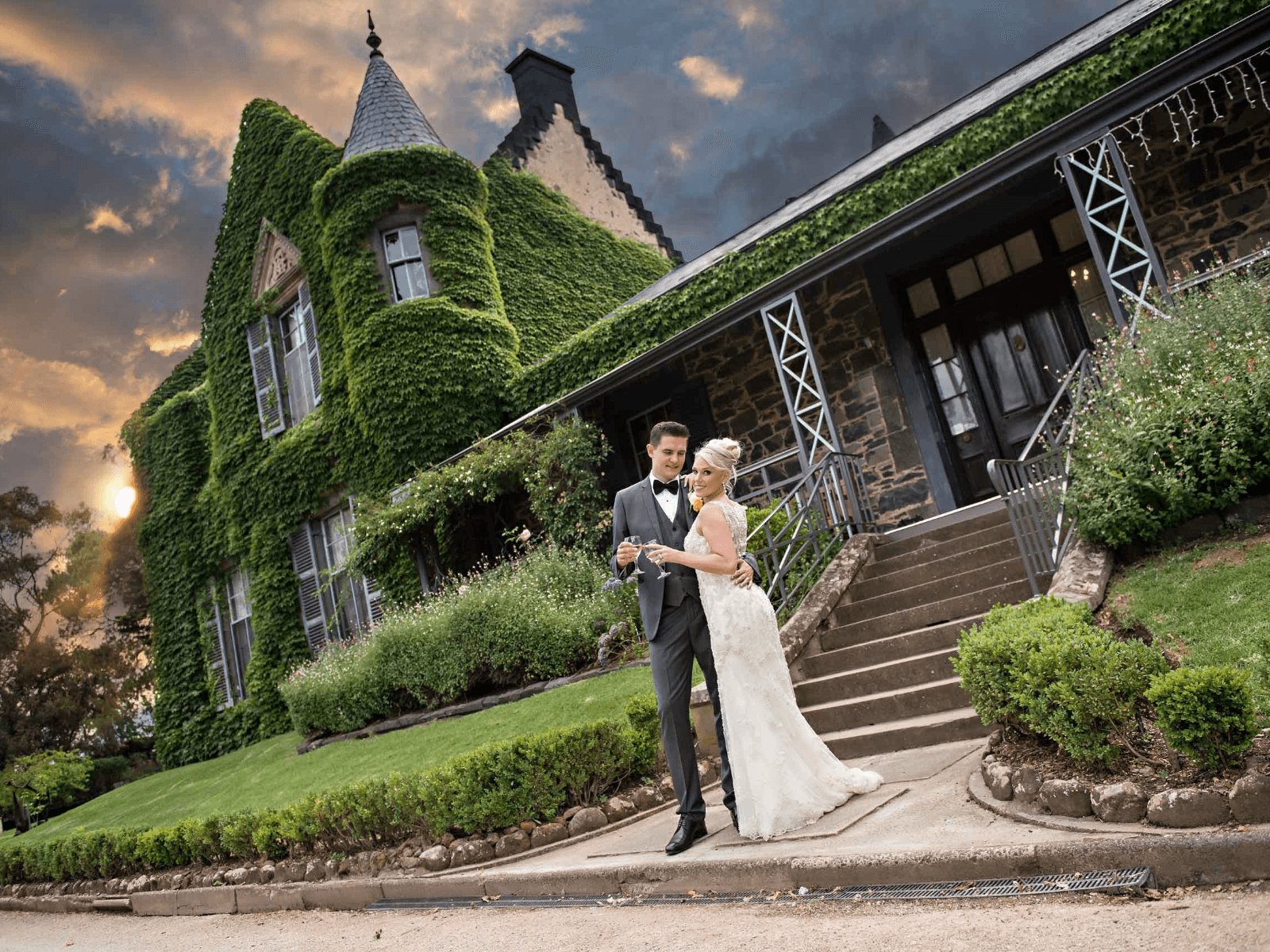 wedding couple out front
