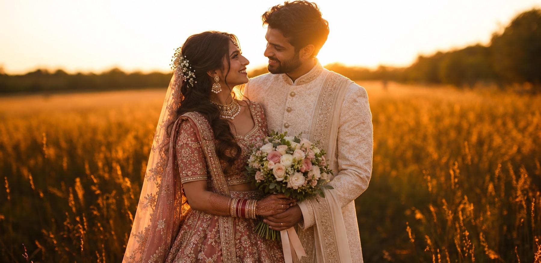 Indian wedding couple smiling together in a golden field at sunset