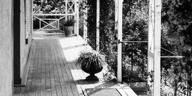 The castle's timber verandah in black and white