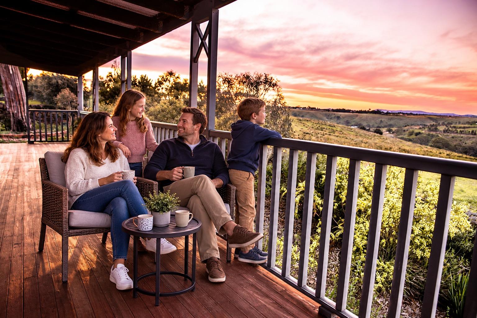 A family relaxing on the castle balcony overlooking the valley at sunset