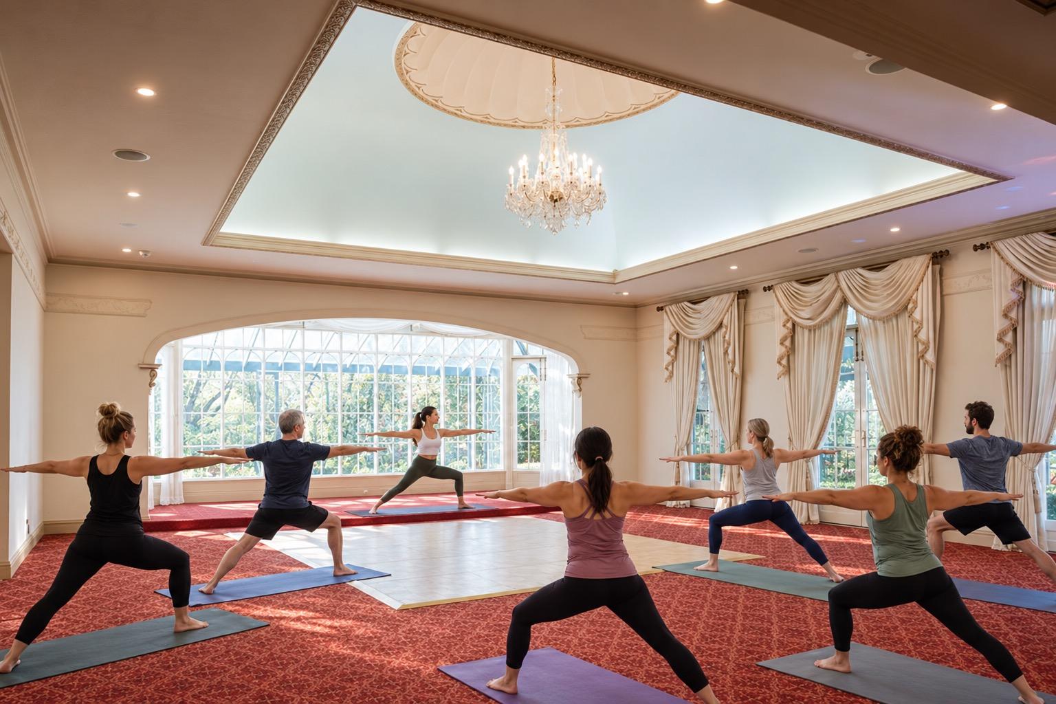 An instructor leading a group yoga class in the castle hall